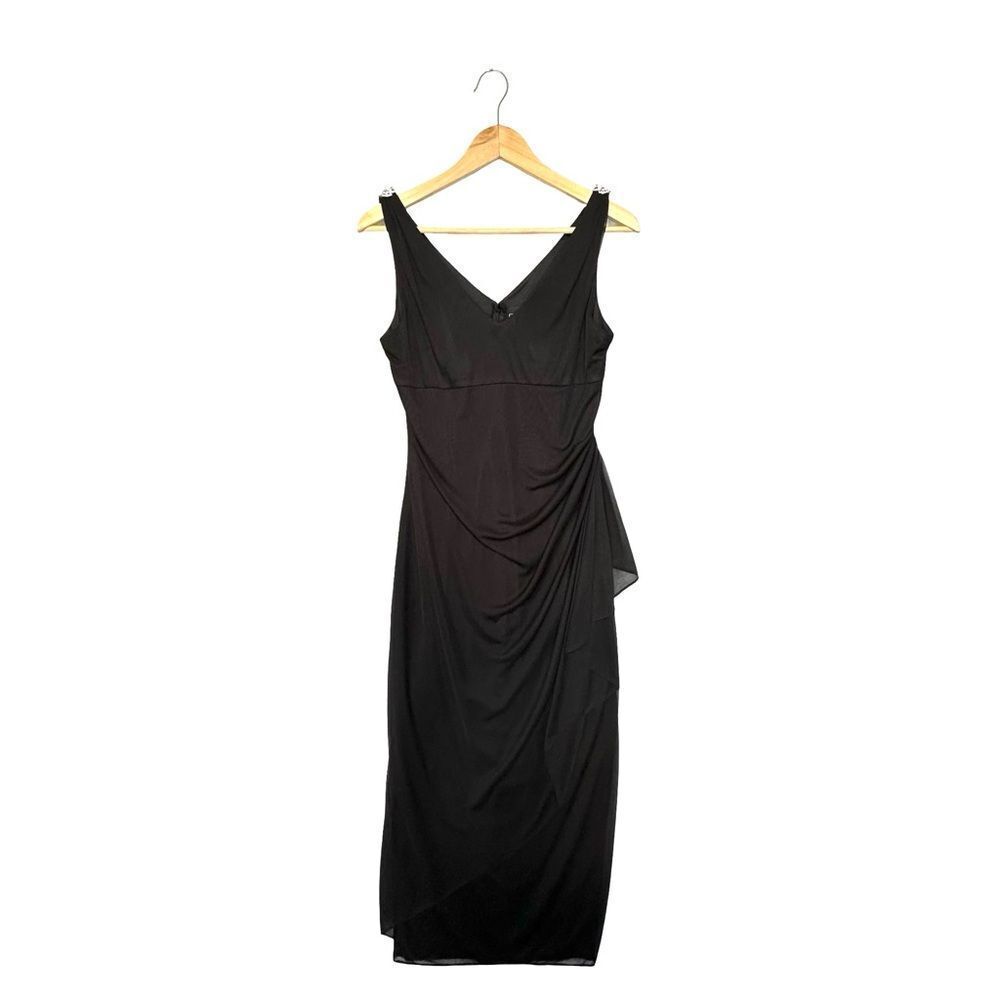 ALEX EVENINGS Black V Neck Sleeveless Ruched Waist Midi Dress Size 12